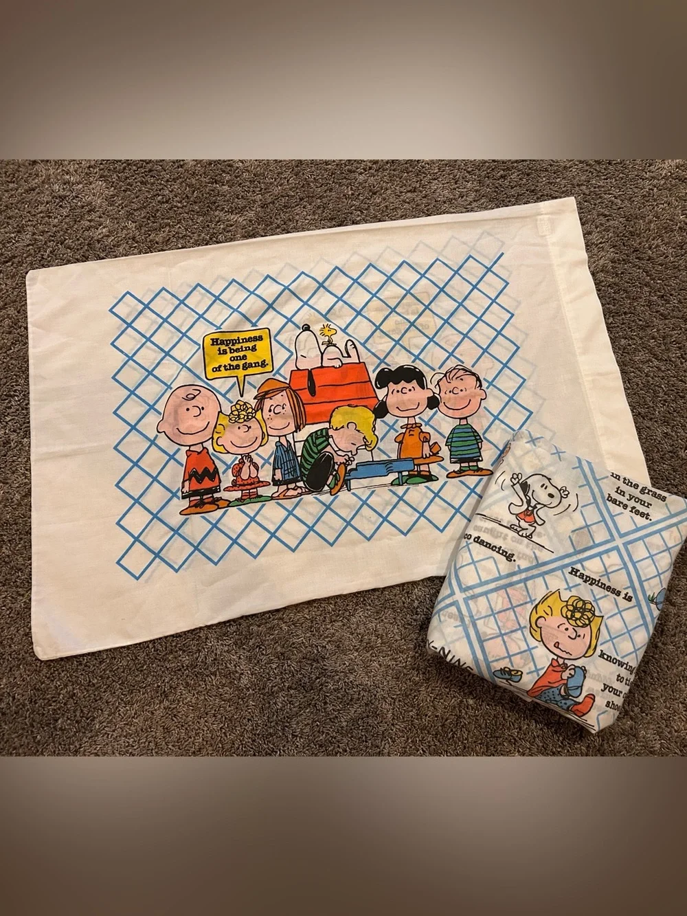Vintage 1971 Snoopy Peanuts HAPPINESS IS Twin Fitted Sheet & Pillowcase
